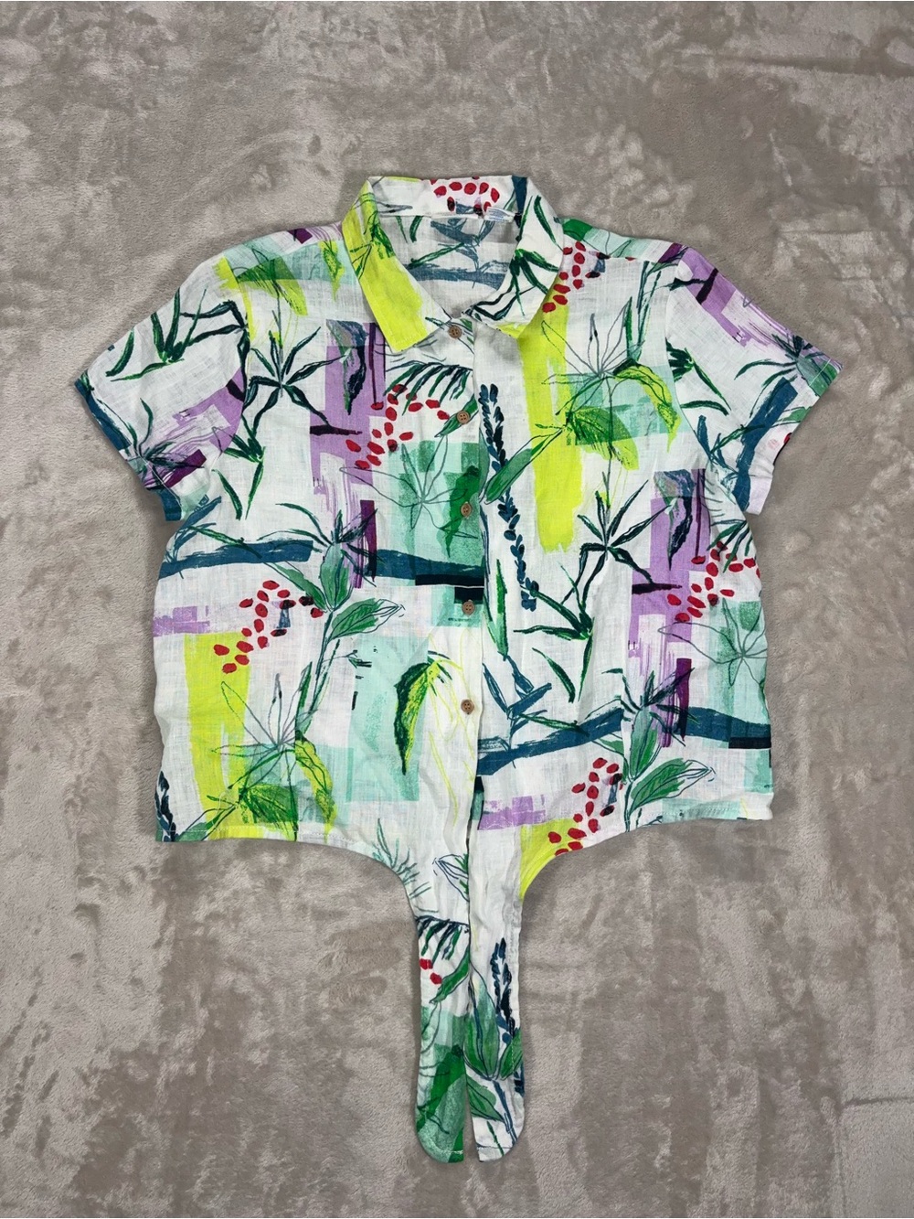 Sigrid Olsen 100% Linen Botanical Tie Front Blouse - Picture 11 of 12